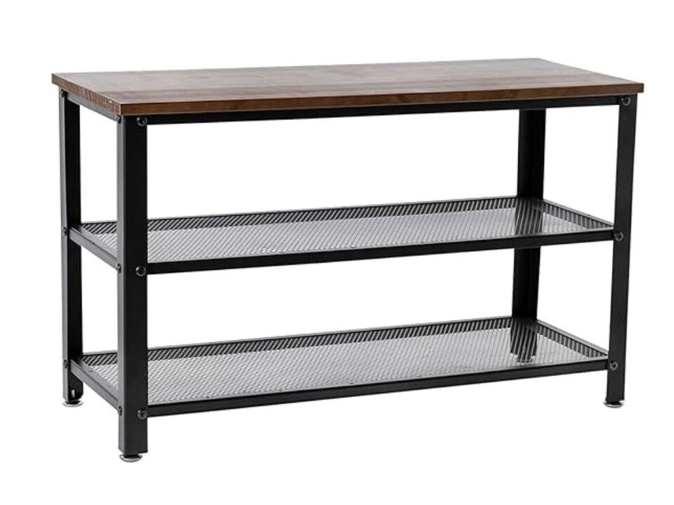 Entryway Metal Shoe Rack 3 Tier Brown Easton Mesh Shelves Wooden