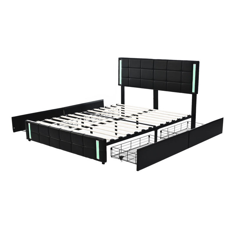 Merax Upholstered Platform Bed with LED Lights and USB Charging, Storage Bed with 4 Drawers