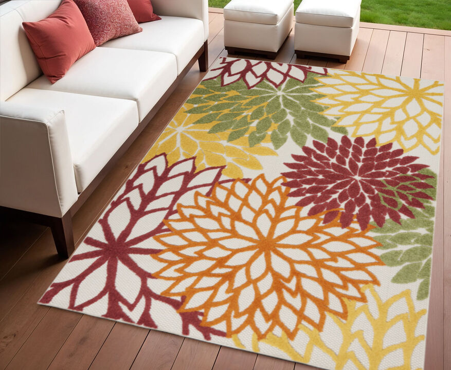 HomeRoots 4' X 6' Red Yellow Green Orange And Ivory Floral Indoor Outdoor Area Rug