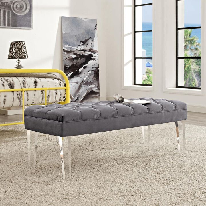 Modway Valet Tufted Button Performance Velvet Upholstered Bedroom Or Entryway Bench with Acrylic Legs in Gray