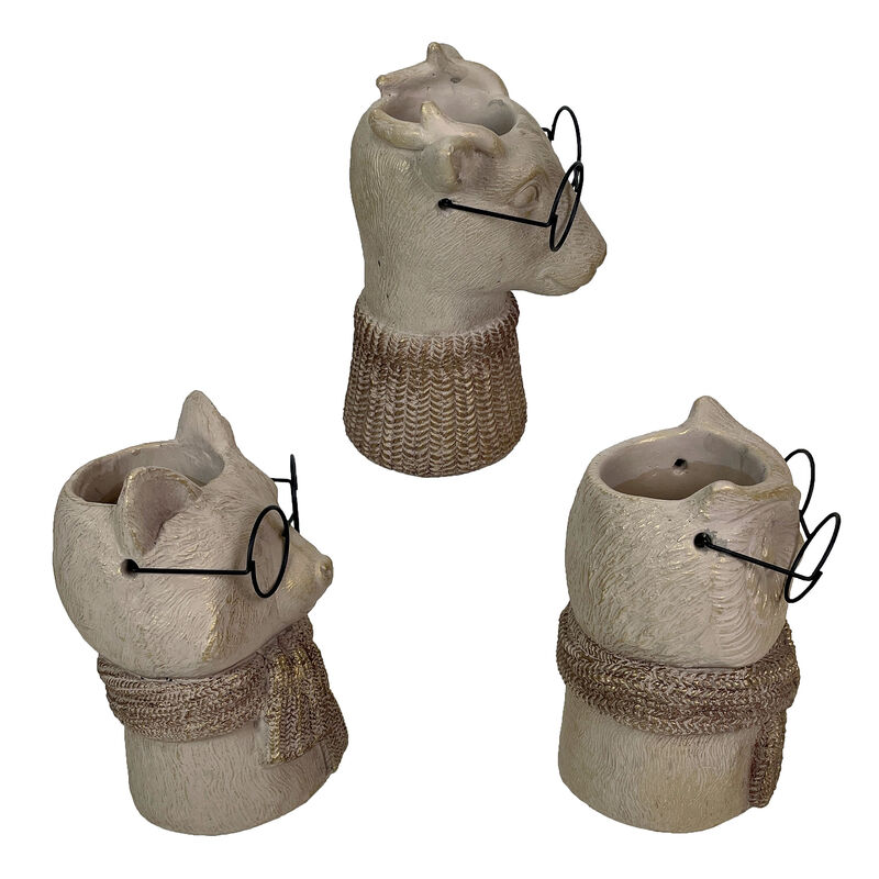 Set of 3 Bespectacled Animal Vases Fox Owl Deer Gold Accent Knit Scarves Glasses image number 4