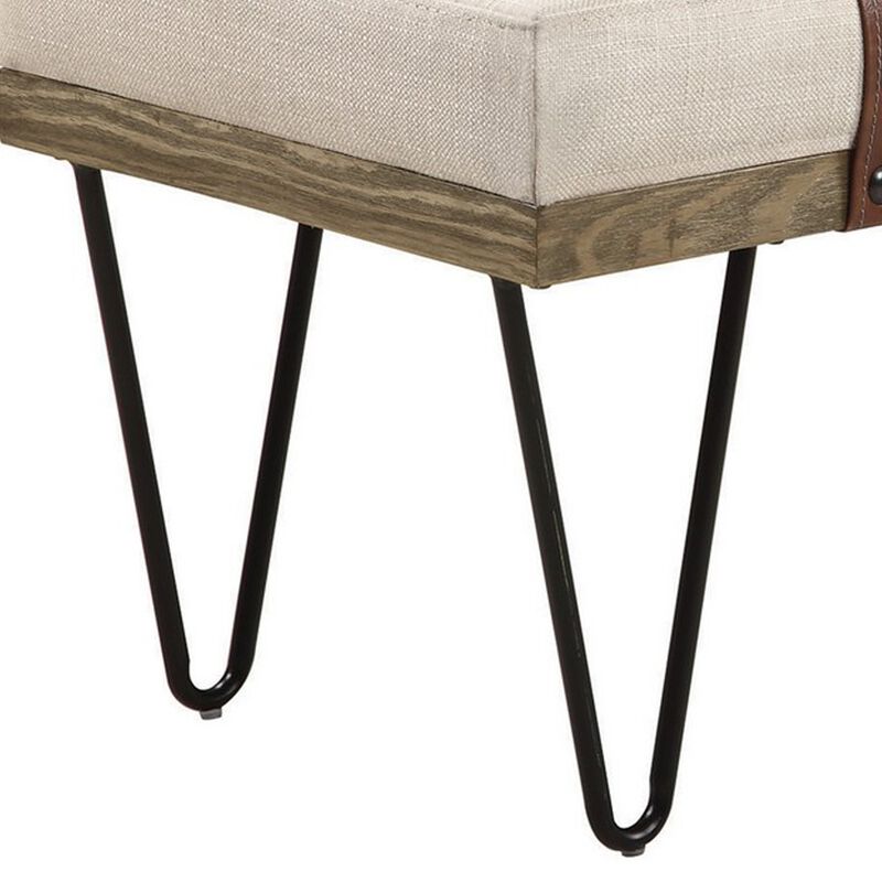 47 Inch Accent Bench, Faux Leather Straps, Black Hairpin Legs, Beige Fabric-Benzara image number 4