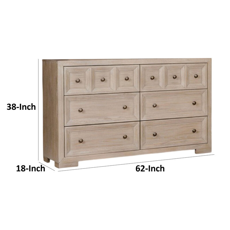 Kizie Wide Dresser, 6 Drawers, Bronze, Beige Solid Wood, 62 Inch - Benzara