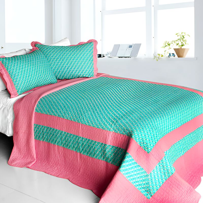 Queen Size Cotton 3-Piece Vermicelli Quilted Striped Printed Quilt Set image number 0
