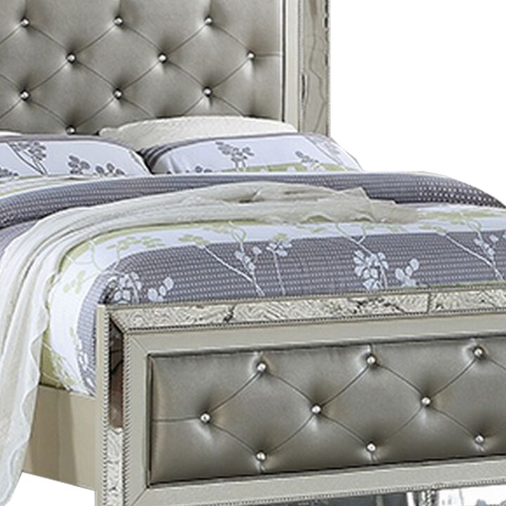 Reva California King Bed with Mirror Inlay, Upholstered Gray Faux Leather - Benzara