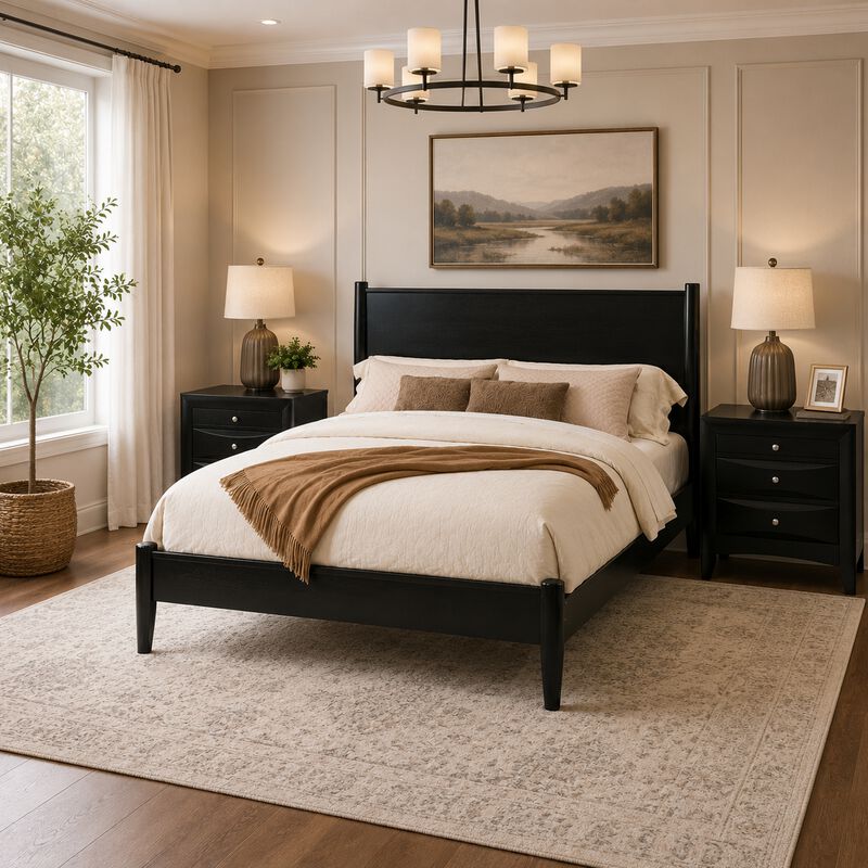Queen Bedroom Set, Black Wood, 3 Piece Set with 2 Nightstands image number 1
