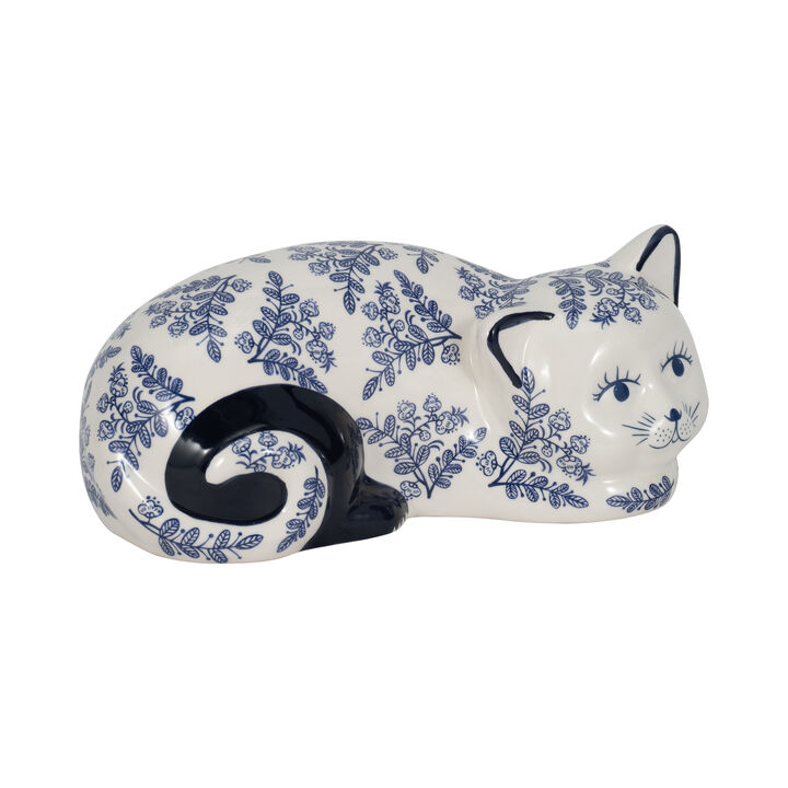 Cer, 9" Sleeping Chinoiserie Cat, Blue/white