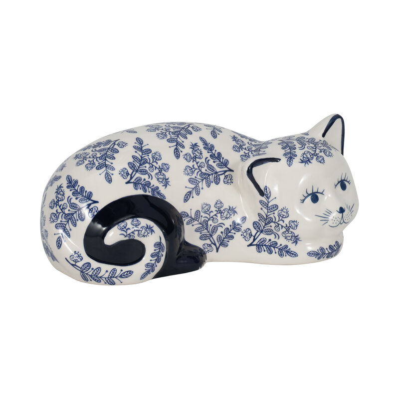 Cer, 9" Sleeping Chinoiserie Cat, Blue/white image number 1