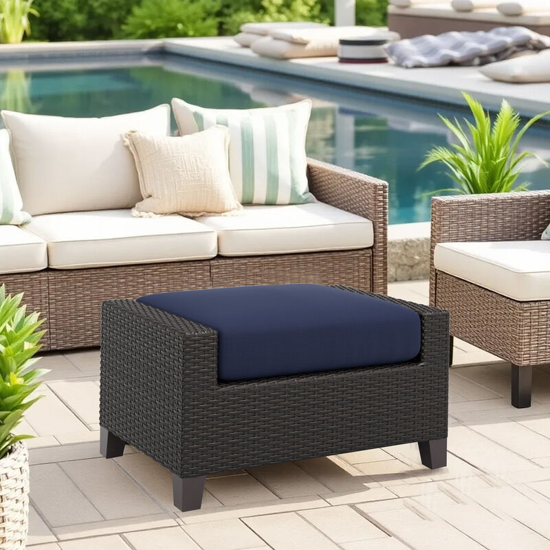 Kyl Outdoor Ottoman Set of 2, 29 Inch Blue Cushioned Top w Woven Gray - Benzara