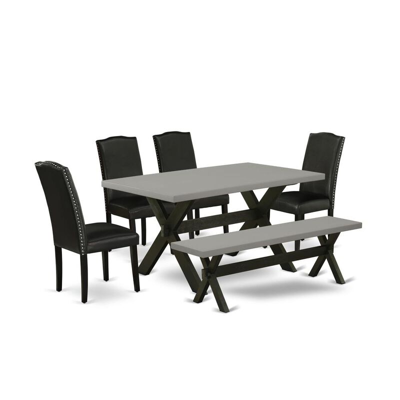East West Furniture 6 Pc Dining Room Table Set Includes a Cement Wooden Dining Table and a Modern Bench, 4 Black PU Leather Parson Chairs with High Back - Wire Brushed Black Finish