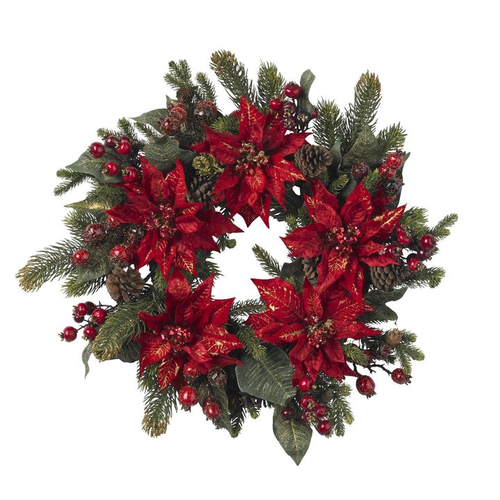 Nearly Natural 24-in Poinsettia & Berry Wreath