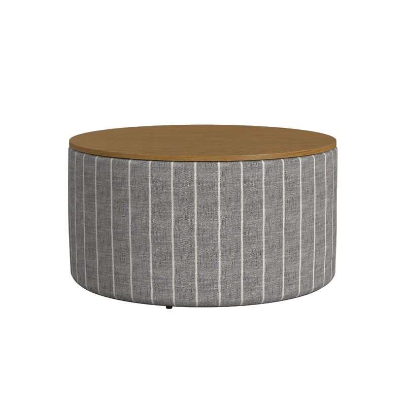 Jena Storage Ottoman, 30 Inch Round Lift Tray Top, Gray Pinstripe