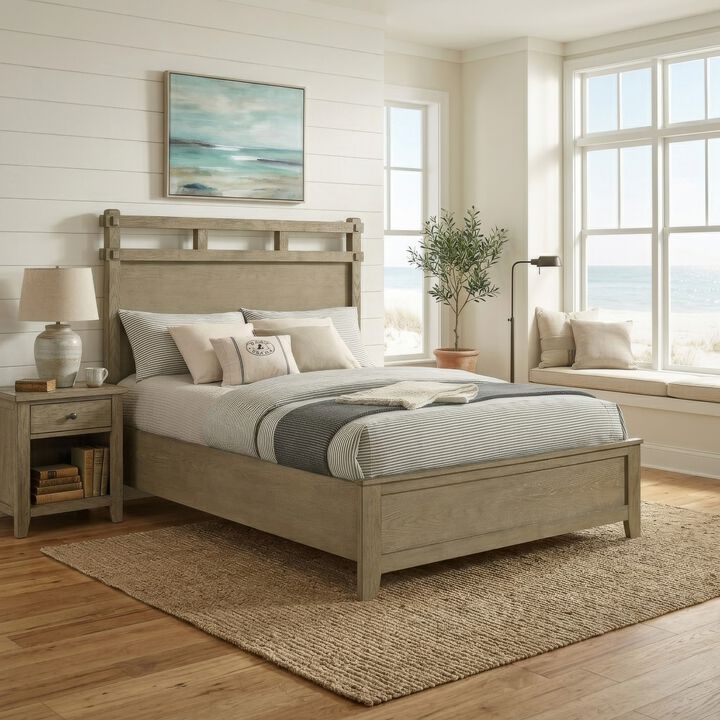 Hazel Queen Panel Bed, Open-Slat Headboard, Vineyard Oak Rubberwood