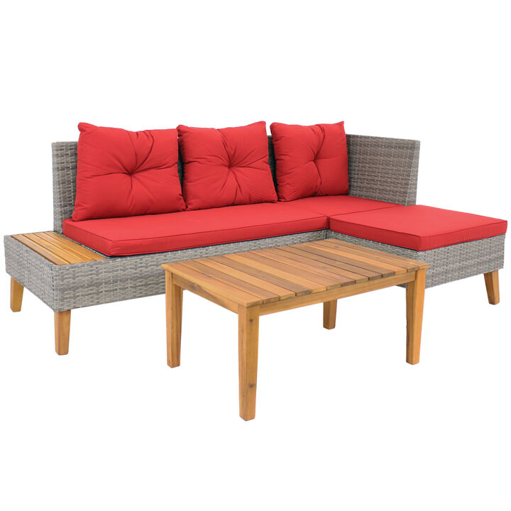 Sunnydaze Alastair Rattan Patio Sectional with Coffee Table - Red Cushions