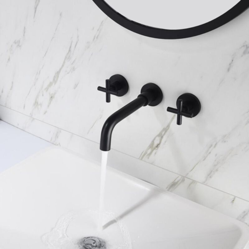Wall-Mounted Bathroom Sink Faucet with Dual Handles for Modern Vanity & Space-Saving Design