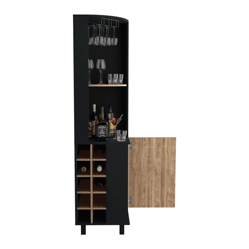 Kaia Corner Bar Cabinet, Two Shelves, Ten Built-in Wine Rack, Single Door Cabinet, Two interior  Shelves, -Black / Pine