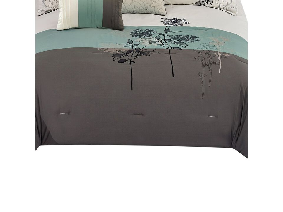 8 Piece Queen Polyester Comforter Set with Floral Embroidery, Multicolor - Benzara