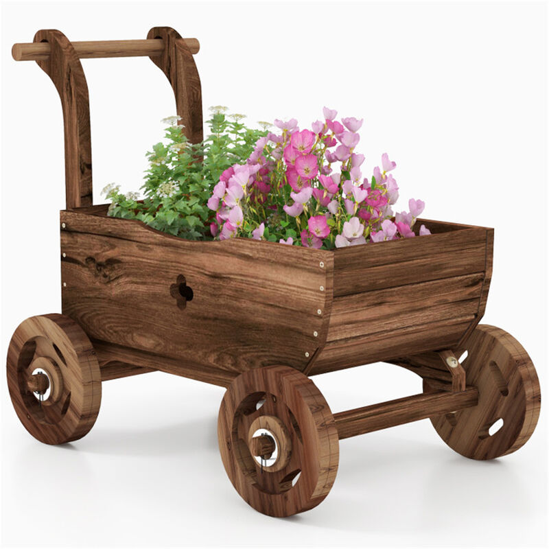 Rustic Wooden Wagon Cart, Rolling Garden Planter for Flowers & Plants