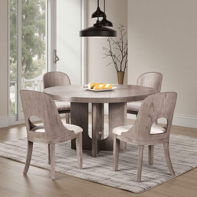 Zoko 5pc Round Dining Table Set, Polyester Chairs, White, Solid Wood - Benzara