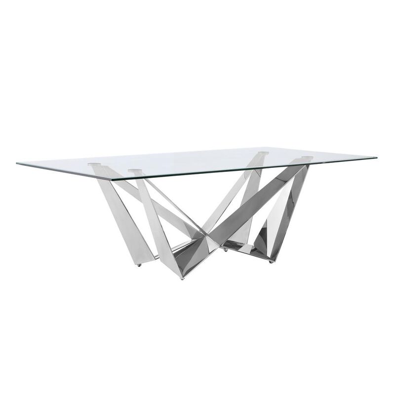 Best Quality Furniture Large 94 Rectangular glass dining table with a silver stainless steel base