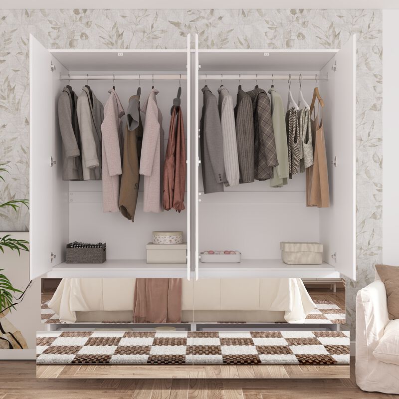 FUFU&GAGA Modern White Armoire with Full-Length Glass Mirrors &ndash; Elegant Wardrobe with Ample Storage and Robust Construction, (63" L x 19.7" W x 70.9" H),Silver