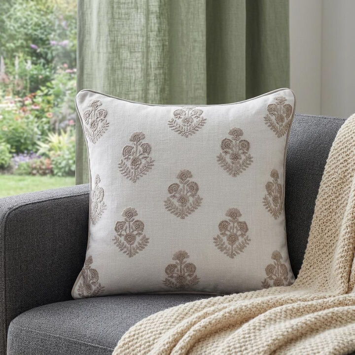 HomeRoots 20" Off White And Taupe Floral Linen Throw Pillow Cover with Embroidery