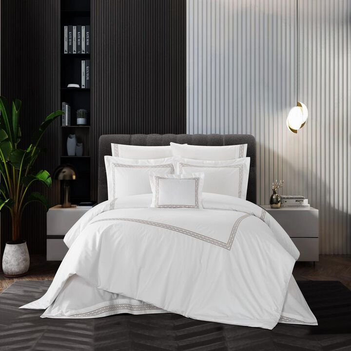 Chic Home Crete Cotton Comforter Set Dual Stripe Embroidered Border Zig-Zag Details Hotel Collection Bed In A Bag Bedding - Includes Sheets Pillowcases Decorative Pillow Shams - 8 Piece - King 106x96, Beige