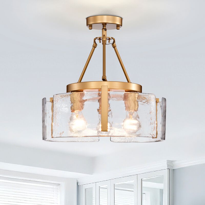 Cintia Gloss Brass 3-Light Water Textured Glass Panel Drum Semi Flush Mount image number 1