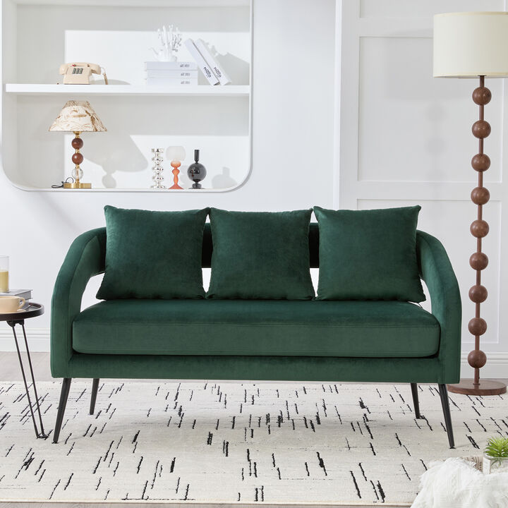 Open Back Velvet Loveseat with 3 Throw Pillows, 53.7" Small 2-Seater Metal Legs for Living Room Bedroom Studio