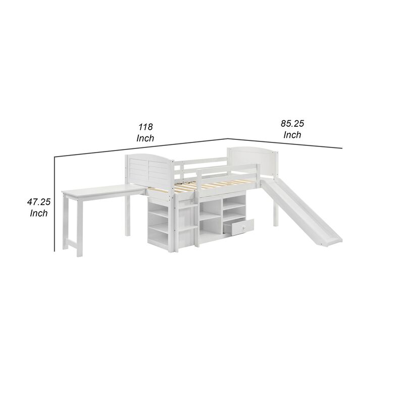 Twin Workstation Loft Bed with Open Shelves and Desk, White Wood - Benzara