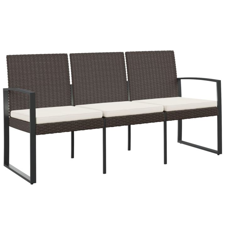 vidaXL Durable 3-Seater Patio Bench with Cushions - Brown PP Rattan and Powder-Coated Steel Frame, Comfortable and Sturdy, Ideal for Outdoor Use