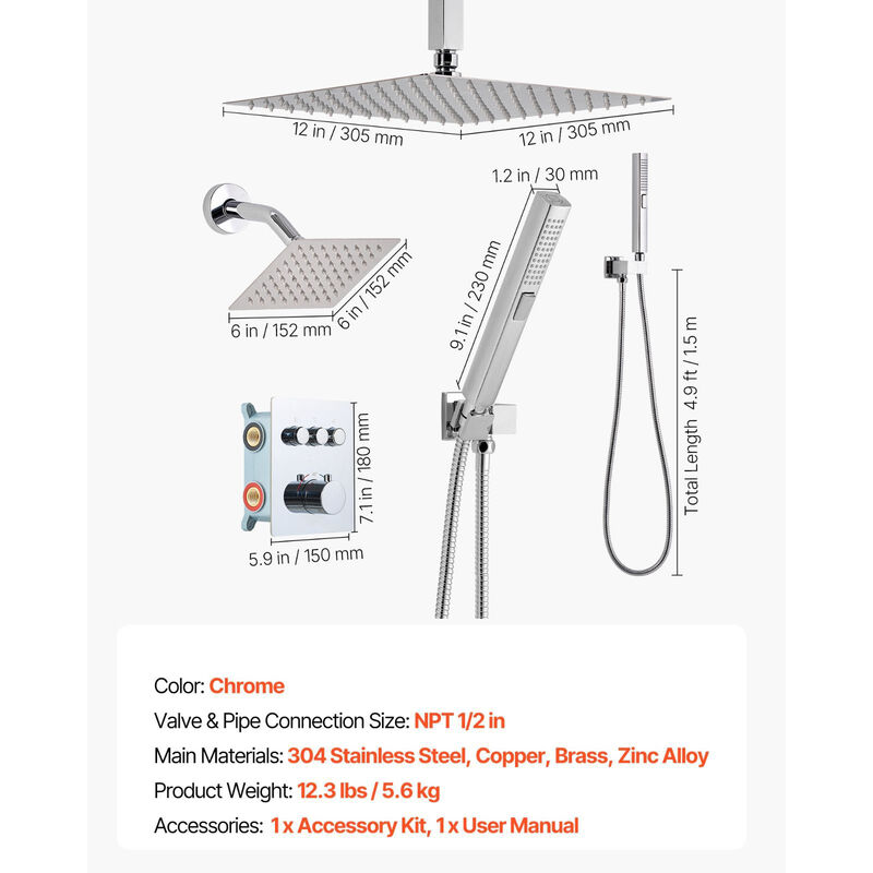 Ceiling Mount Rainfall Shower with 2-in-1 Handheld Spray, Brass Valve and Trim image number 2