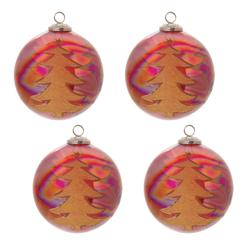 Glass Ball Ornaments with Tree Etching (Set of 4) &ndash; Classic Holiday Baubles for Rustic, Woodland, or Traditional Decor