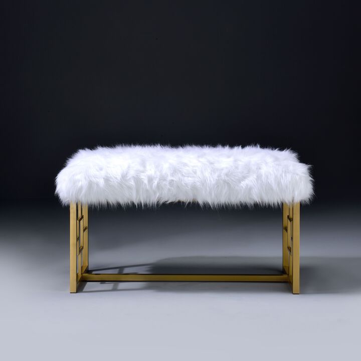 Modern Style Faux Fur Upholstered Bench with Geometrical Side Panels, White and Gold-Benzara