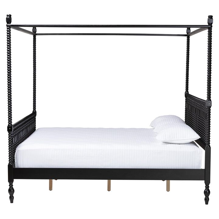 Baxton Studio Callison Spindle Canopy Bed - Turned Farmhouse Bed Frame with Spoked Headboard and Sculpted Legs, Black, King