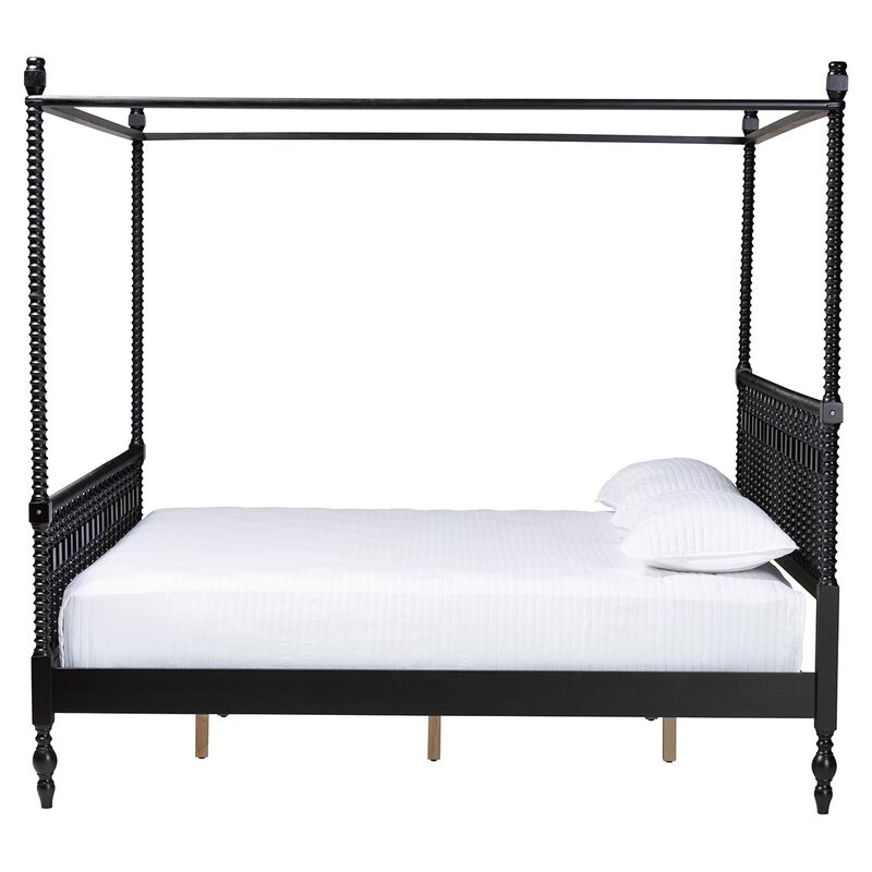 Baxton Studio Callison Spindle Canopy Bed - Turned Farmhouse Bed Frame with Spoked Headboard and Sculpted Legs, Black, King image number 1