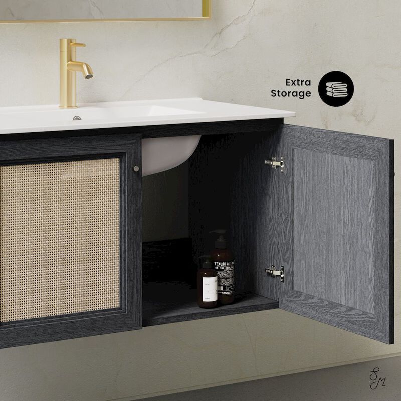 36" Wall-Mounted Bathroom Vanity in Black Oak with Single Faucet Hole Vanity Top image number 2