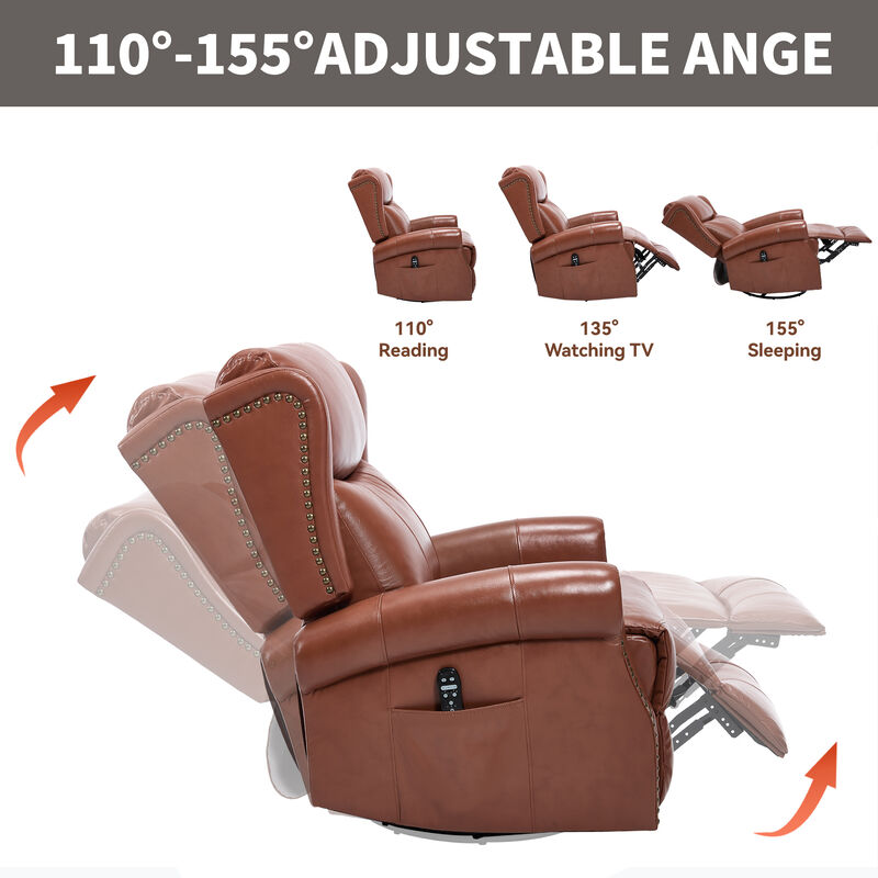 Genuine leather Heat Massage Manual Recliner Chair with Rocker and Swivel for Living Room image number 5