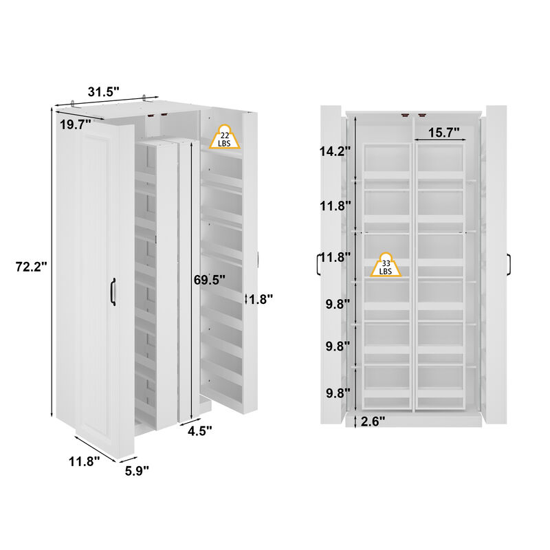 White Wood 31.5 in. W Food Pantry Cabinet Kitchen Buffet Bar Storage Rack, With Double Doors, Rotating Storage Racks