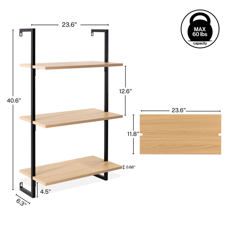 Madera  Industrial 3-Shelf Wood Wall-Mounted Open Ladder Bookcase