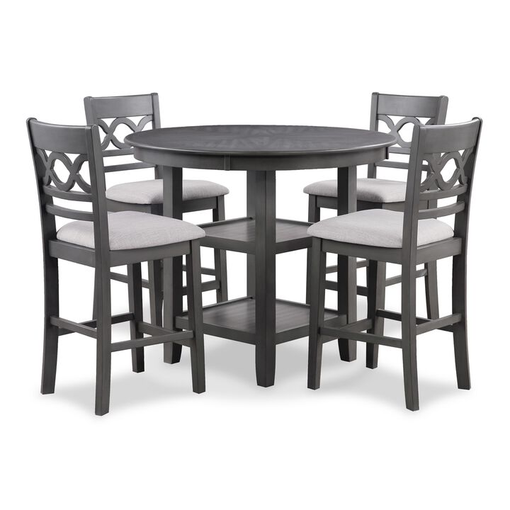 Ceri 5pc Round Counter Dining Table and Chair Set, Gray Wood, White Fabric - Benzara