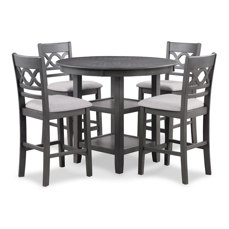 Ceri 5pc Round Counter Dining Table and Chair Set, Gray Wood, White Fabric - Benzara