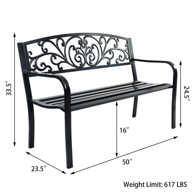 Hivvago 50 Inch Patio Park Steel Frame Cast Iron Backrest Bench Porch Chair
