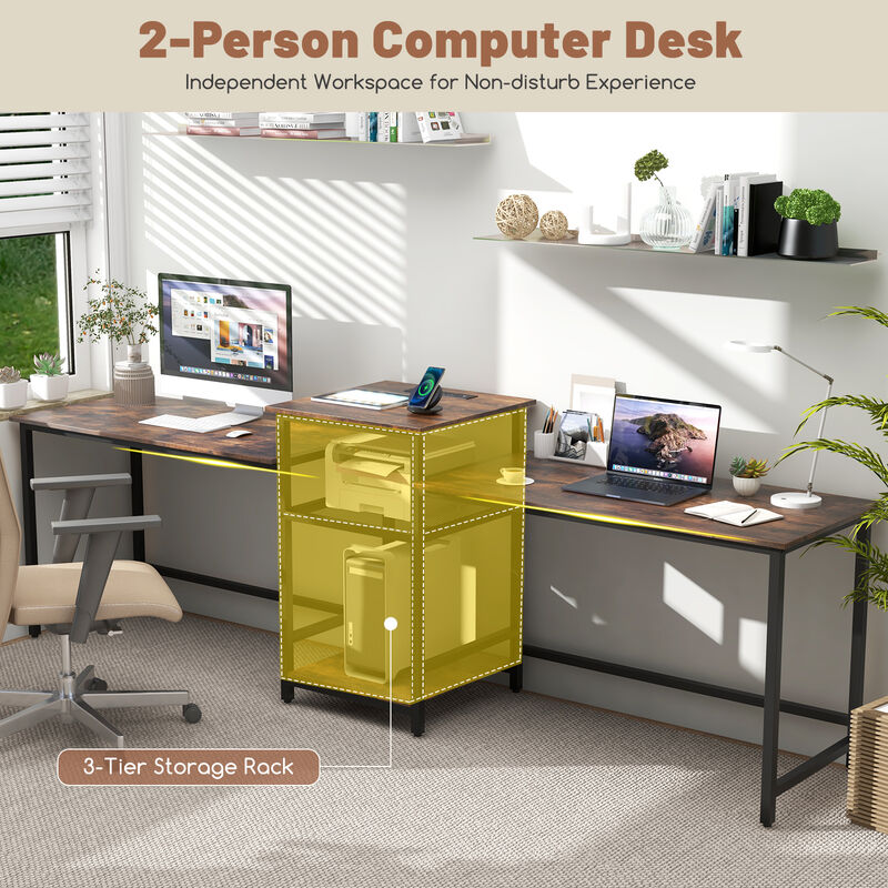 2-Person Computer Desk with Power Outlet and Built-in Printer Stand for Office