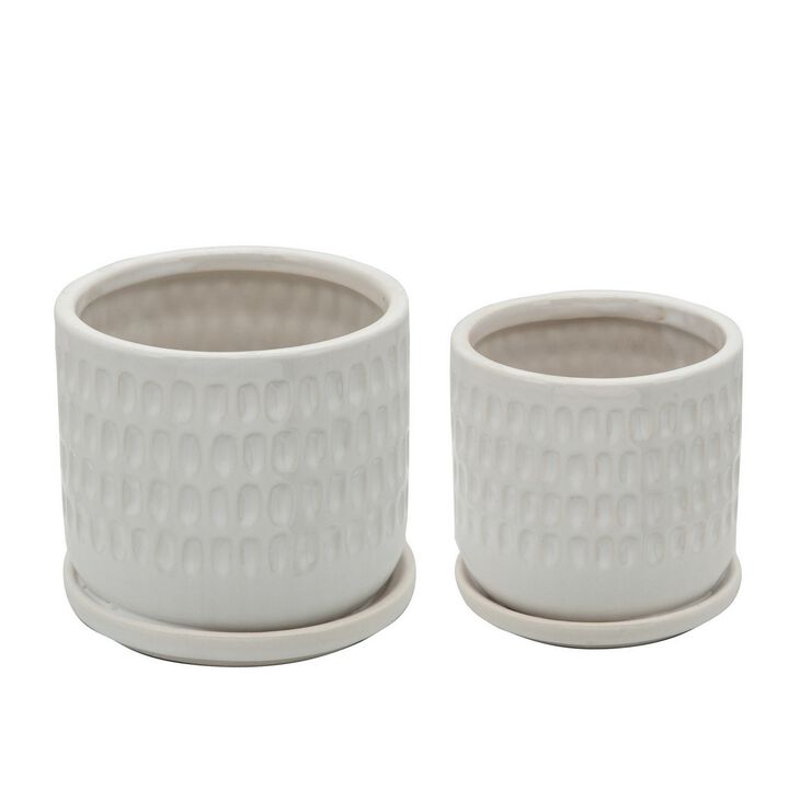 Ceramic Planter with Saucer and Hammered Design, Set of 2, White-Benzara
