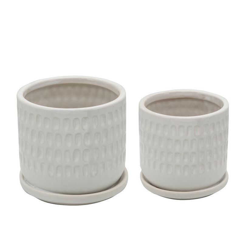 Ceramic Planter with Saucer and Hammered Design, Set of 2, White-Benzara image number 1