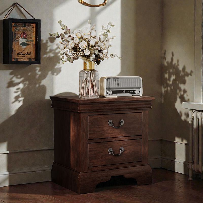 22" Assembled Classic Wooden Nightstand 2-Drawer Antique Pulls image number 2