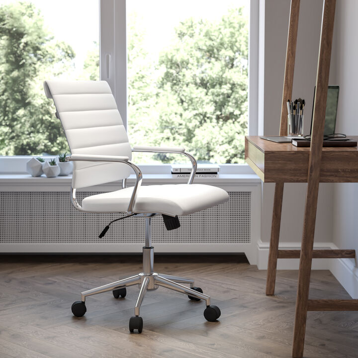 Hansel Mid-Back White LeatherSoft Contemporary Ribbed Executive Swivel Office Chair