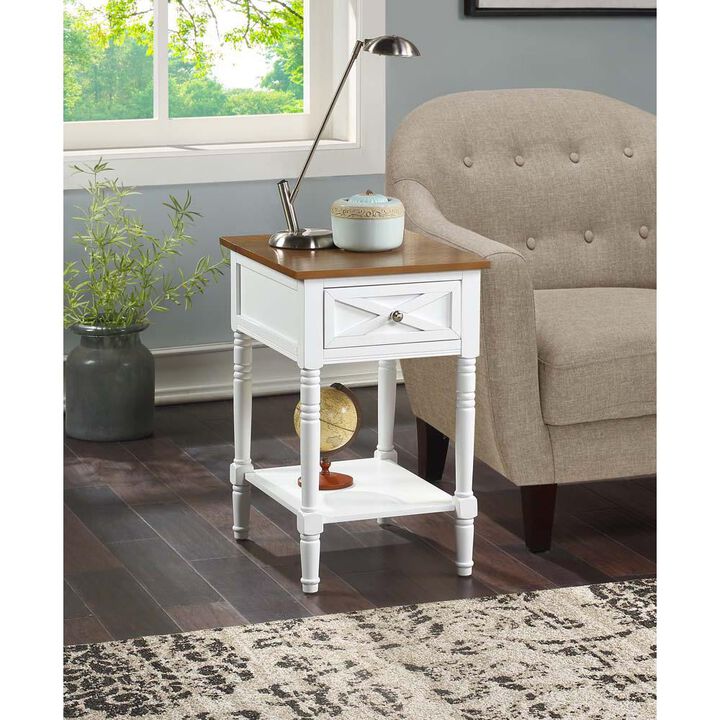 Convenience Concepts Country Oxford 1 Drawer End Table with Charging Station and Shelf, Driftwood/White