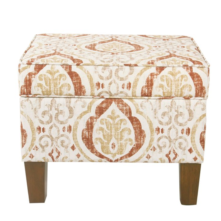 Ishi Accent Storage Ottoman, 22 Inch Orange and Beige Paisley Design - Benzara